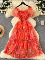Retro Floral Chiffon Dr Women's Waist Cinched Bubble Sve Me Skirt Tea Break Gentle Soft Sle Korean High Waist A-Lin...