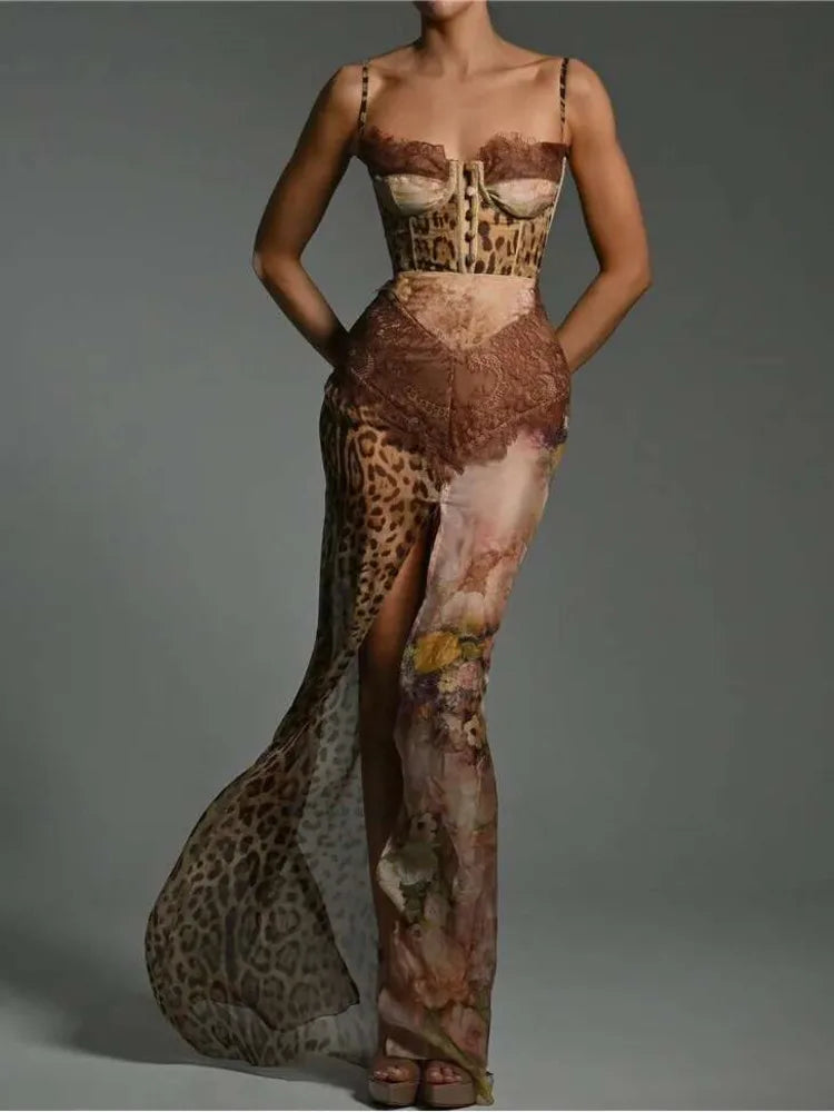 Blifanbo Sexy Leopard Print Lace Split Maxi Dress Women Gown Elegant Sleeveless Patchwork Chiffon Backless Beach Evening Dress
