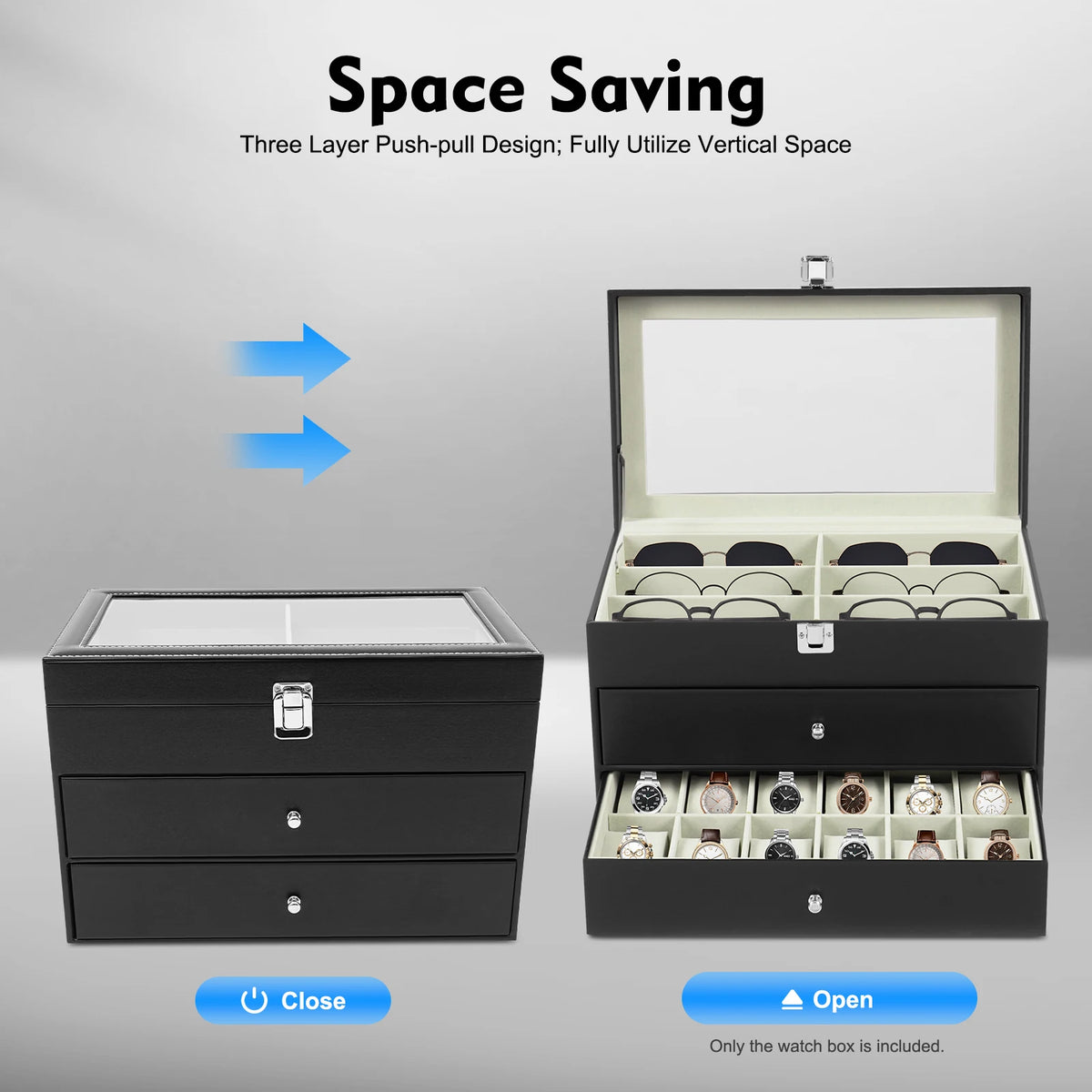 12 Compartment Watches & Glasses Display Box, Watch Box Organizer Storage Case with Large Glass Lid