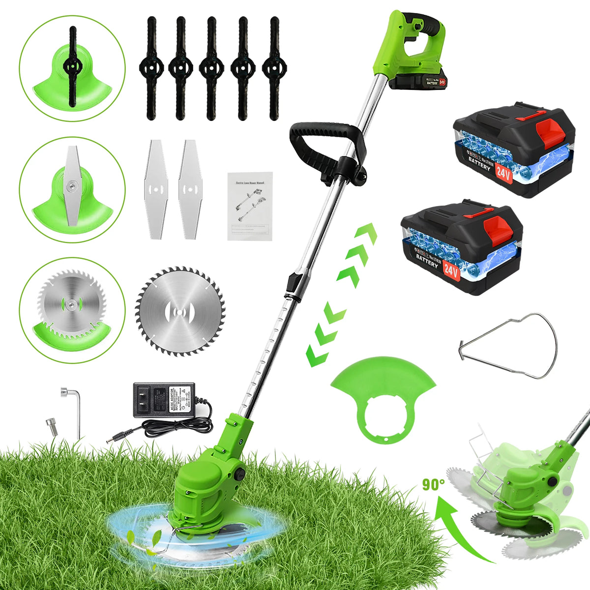 2-in-1 Cordless Electric Lawn Mower Brushless Edger Eater Grass String Trimmer Cutter 650W 18000 RPM With 24V Two Battery Adjustable For Garden Tool