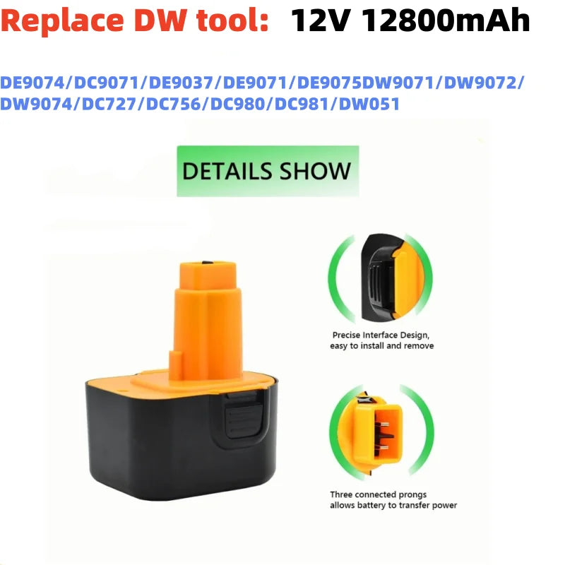 12V 12800mAh High Capacity Tool Battery Compatible with DE9074 DC9071 DE9037 DE9071 DE9075 DW9071 DW9072 DW9074 DC727 DC756 DC91