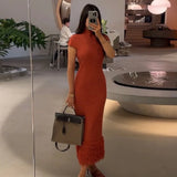High Neck Short Sleeve Tassel Trim Midi Dress Slim Fit Bodycon 2026 Summer Women Elegant Dress Galm Casual Lady Long Dress