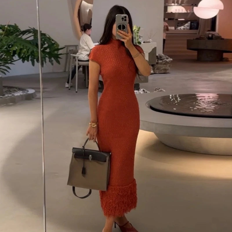 High Neck Short Sleeve Tassel Trim Midi Dress Slim Fit Bodycon 2026 Summer Women Elegant Dress Galm Casual Lady Long Dress