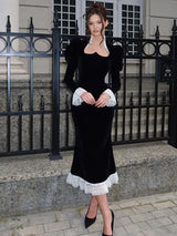 Velvet Lace Patchwork Dress Square Collar Waist Cinched Slim Fit Party Gown Robes Elegant Women Wrap Hip Fishtail Long Dresses