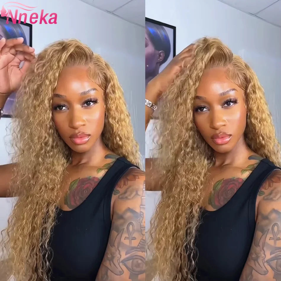 Curly Honey Blonde Wig Human Hair 13x6 Deep Wave Frontal Wigs For Women