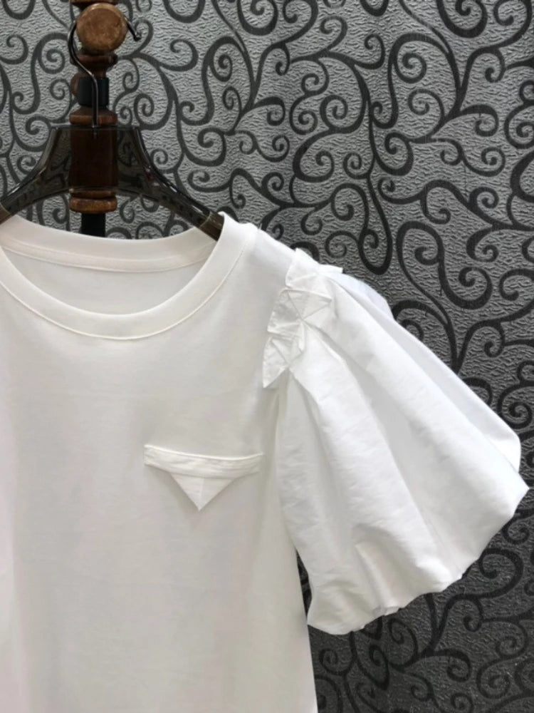Vintage Simple Tshirts for Women Summer T-shirts Puff Sleeve O-neck Tees All Match Tops Fashion Sweet White Tees 2026 Ropa Mujer