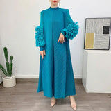 YUDX Luxury Purple Miyake Pleated High Neck Maxi Evening Dress, Ruffle Sleeve Women's Wedding Guest Ramadan Party Dress 2026 New