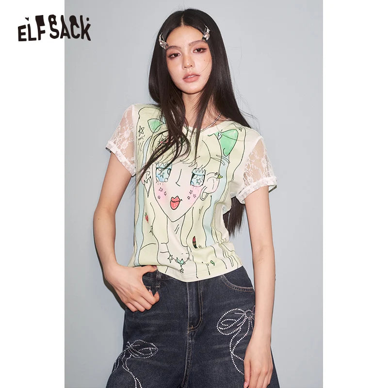 ELFSACK 2025 Summer New Arrival Sweet Cool Y2K Lace Splicing Anime Print Short Sleeve T-Shirt For Women