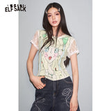 ELFSACK 2025 Summer New Arrival Sweet Cool Y2K Lace Splicing Anime Print Short Sleeve T-Shirt For Women