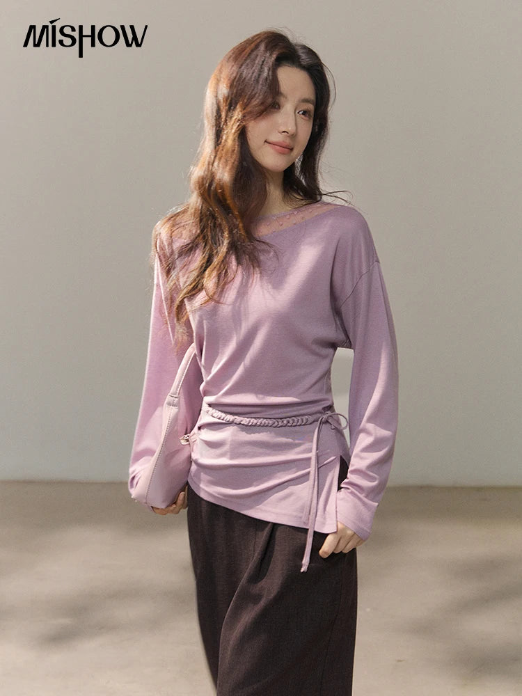 MISHOW Women's Mesh Wool Lace Polka Dot Splicing Tops 2026 Spring Boat Neck Slim Belt Twist Casual Solid T-Shirts MXF13Z3001