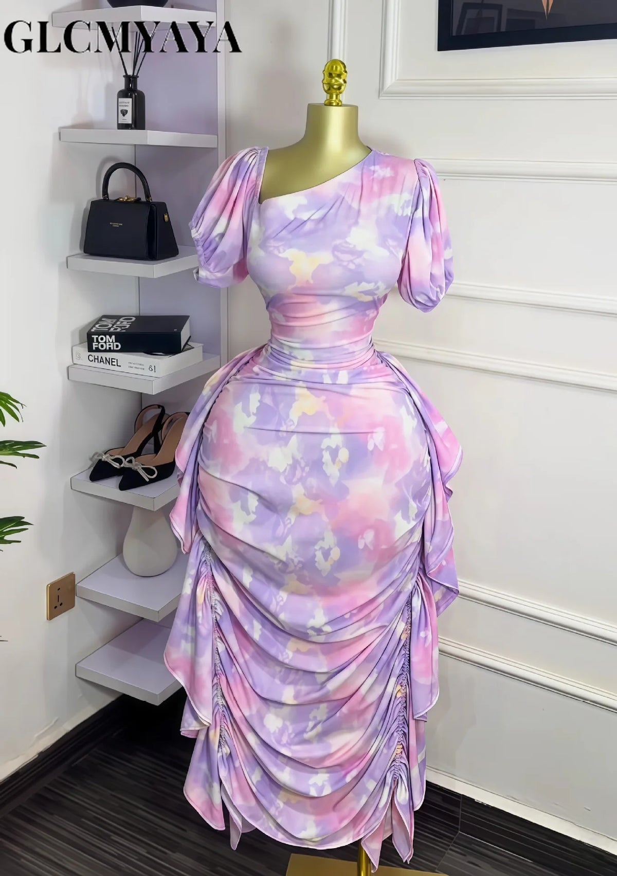 GLCMYAYA Women Tie Dye Printed Skew Neck Ruched Stacked Bodycon Midi Maxi Long Dress 2025 Vacation Holiday Sexy Vestidos Dresses