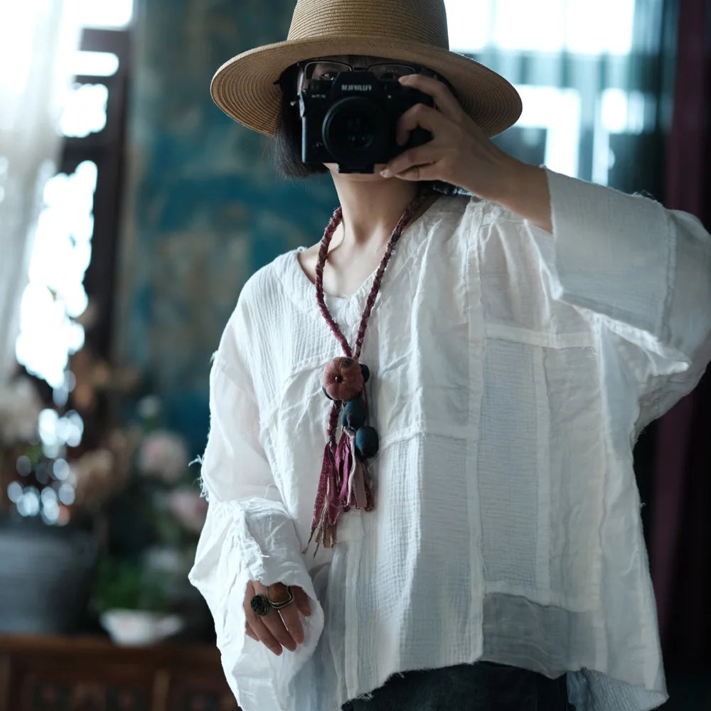 Johnature Women Vintage White Patchwork T-Shirts V-Neck Long Sleeve Tees 2025 Spring New Loose Original Women T-Shirts