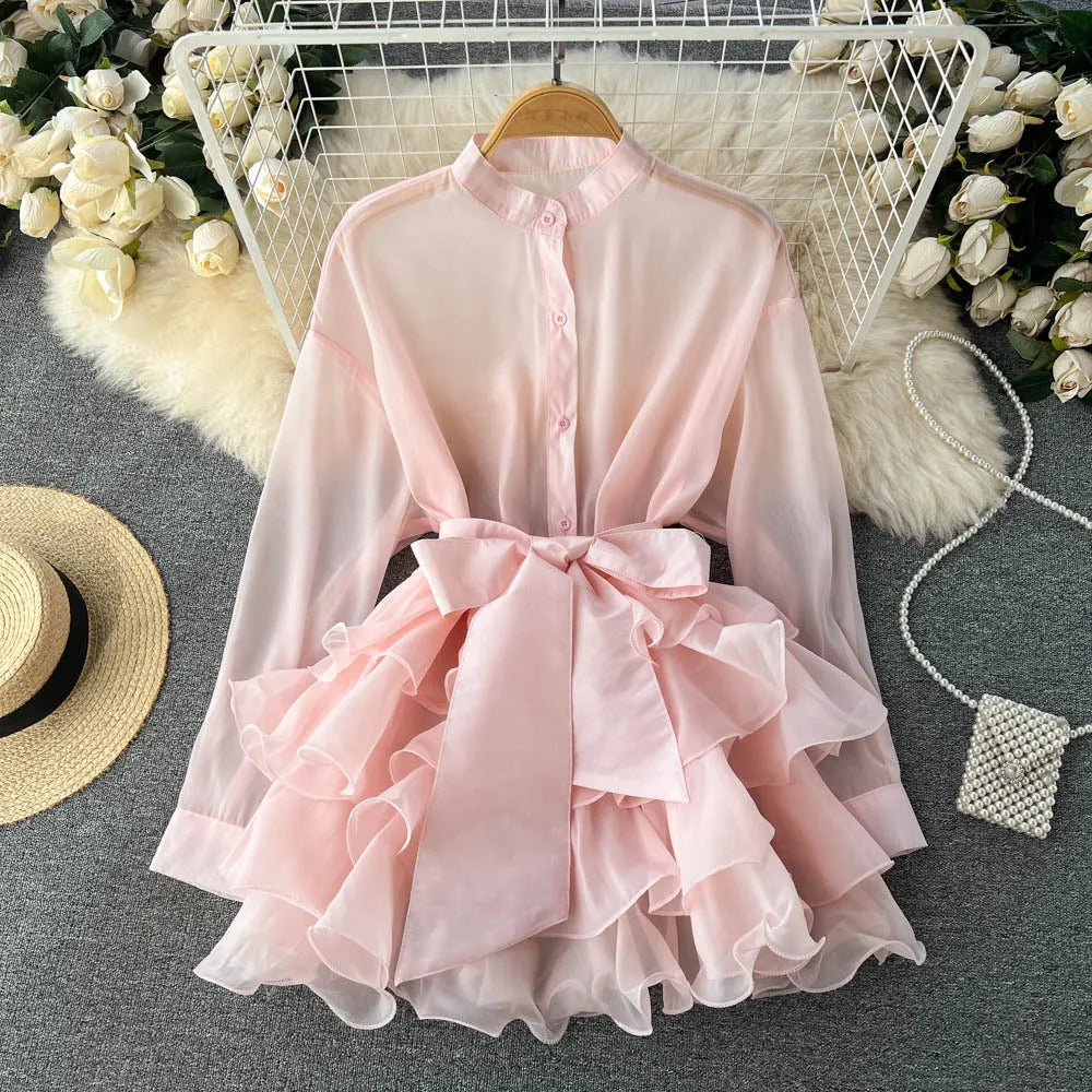 TARUXY Chiffon Dress For Women 2025 Bandage Ruffle Splice Mesh Long Sleeve Cover-up Woman Beach Sexy Bow Oversized Dresses Femme