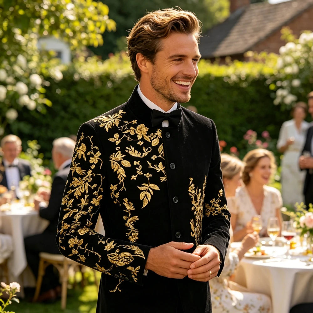 Men's Black Velvet Blazer with Gold Floral Embroidery, Slim Fit Suit Jacket for Wedding, Party, Banquet, Prom