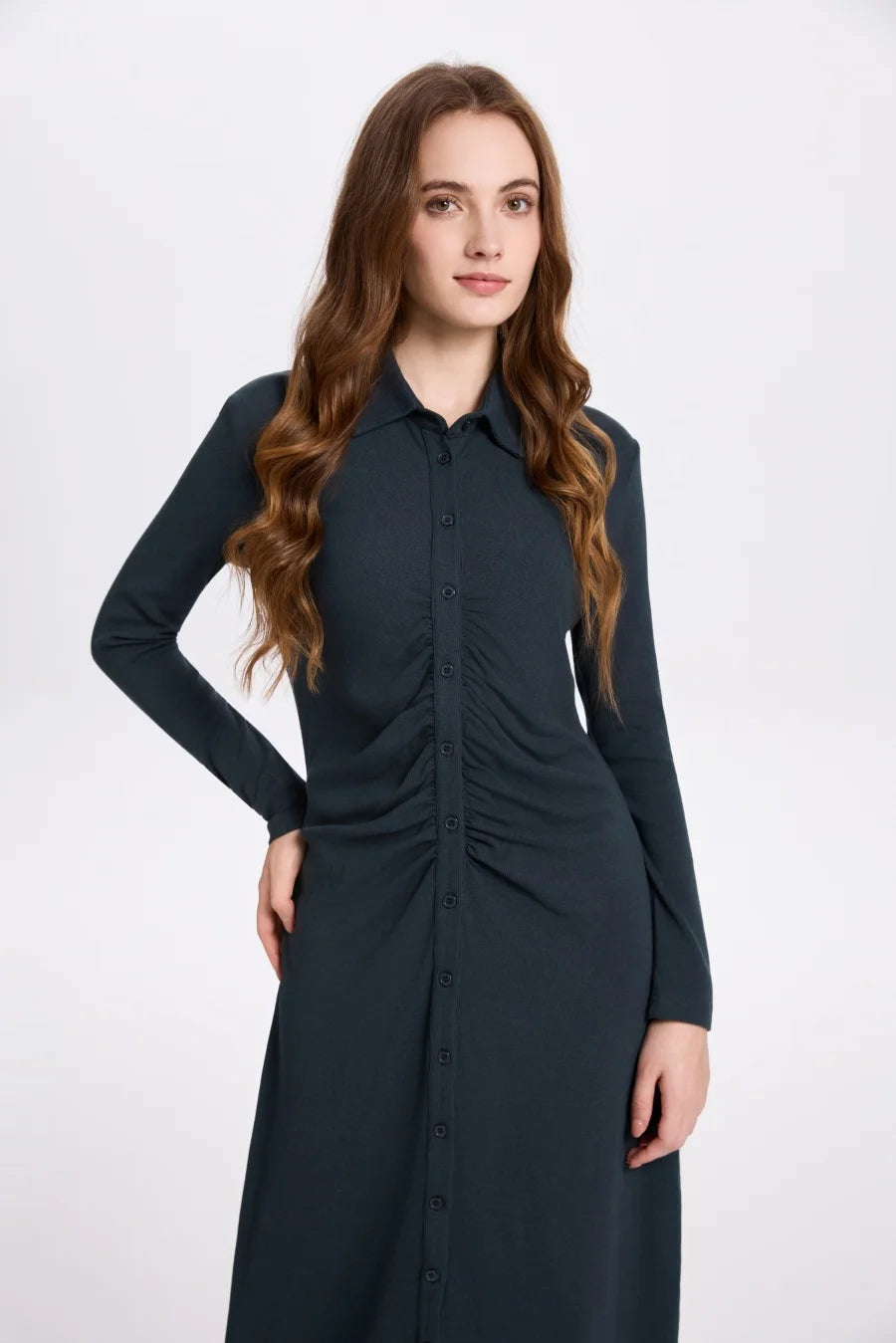 AS AW25 woman dress turn-down collar ribbing high elastic shirring maxi dress