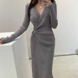 Chic V-ne Knitted Wrap Waist Slimming Mid-length A-line Dr Women's Sweater Dr Korean Sle High Waist Long Sve
