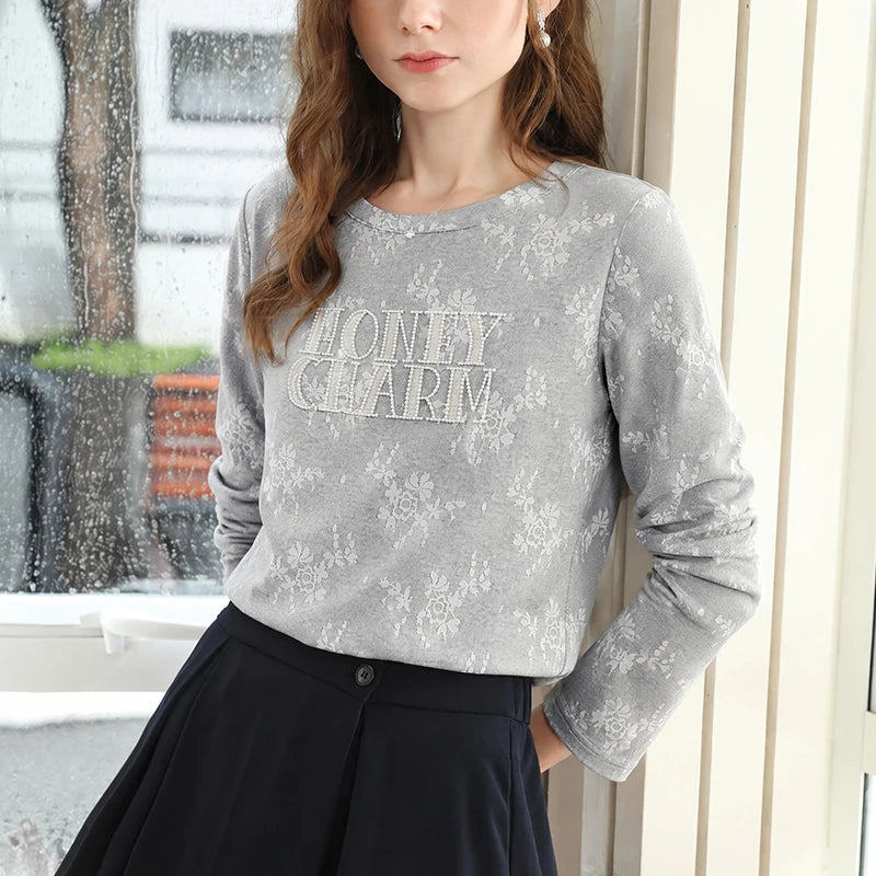 I BELIEVE YOU Grey Floral Embroidery Long Sleeve T-Shirt for Women 2026 Autumn Crew Neck Splicing Lace Casual Top 2263016550