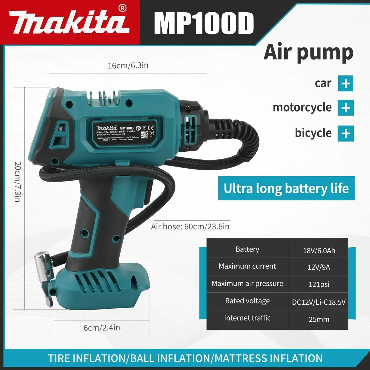 Makita DYS60 Automatic Cordless Inflator: Electric Air Pump,Car Tire Handheld Air Compressor, Compatible with Makita 18V Battery
