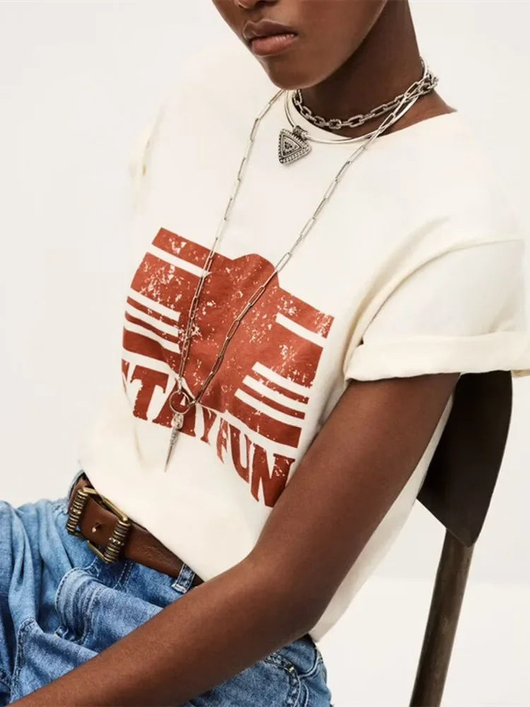 Distress Women Short Sleeved T-Shirt Letter Printed Round Neck Loose Tee for Female Spring Summer 2026