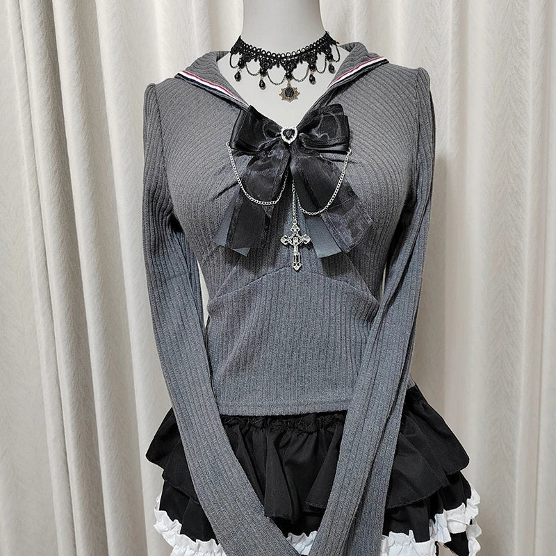 Kawaii Women T-Shirts Jirai Kei Lolita Y2K Cute Japanese Style Blouse Elegant Long Sleeve Sweet Tops Casual Aesthetic Shirt 2025