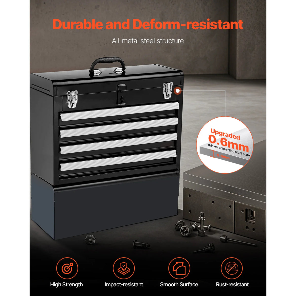 SucceBuy 20.5in Metal Tool Box Portable 4-Drawers Tool Chest with Drawers Locking Multi-Function Tool Organizer for Workshop