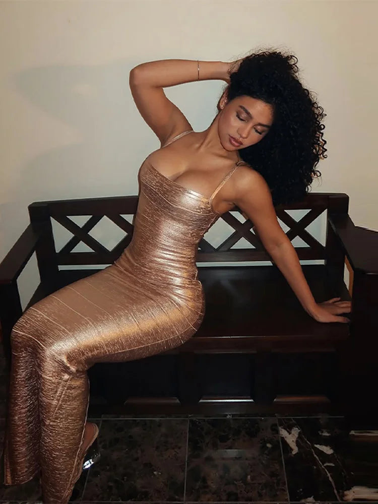 Party Dress Women's Metallic Gold Bandage Dress Spaghetti Straps Square Neck Bodycon Maxi Dresses Club Wear Evening Gown Clothes