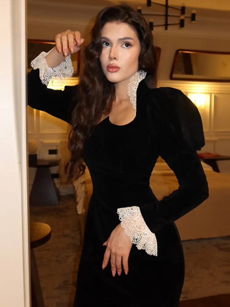Velvet Lace Patchwork Dress Square Collar Waist Cinched Slim Fit Party Gown Robes Elegant Women Wrap Hip Fishtail Long Dresses