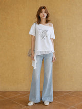 XIAOGULI Women's Off Shoulder T-shirt 2026 Autumn Starfish Print Korean Style Cotton Loose Fit Irregular Chiffon Ruffle Hem Top