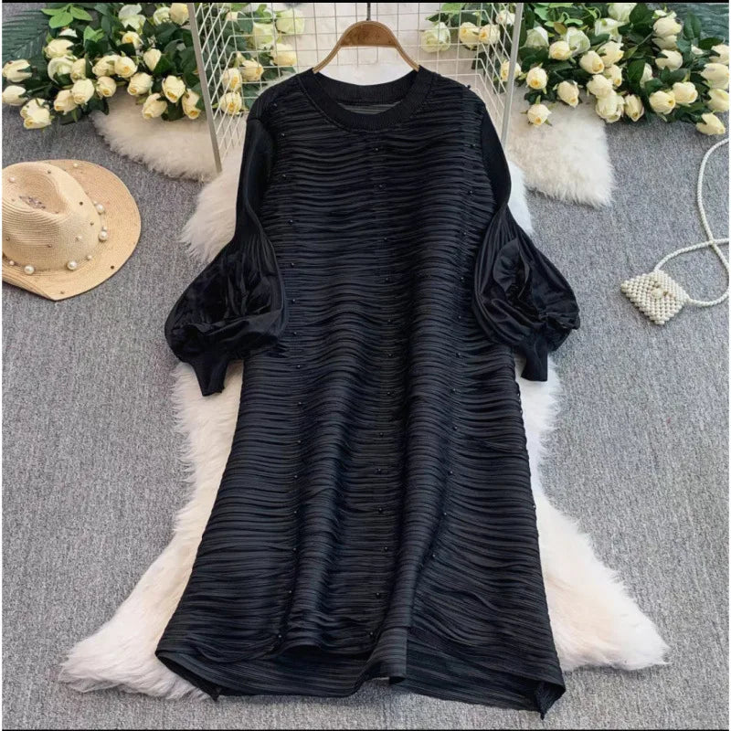 Mizhai Nail Beads Hollow Fringed Disc Pleats High-end Loose Round Neck Heavy Industry Lantern Sleeves Long Dress Women's New
