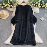 Mizhai Nail Beads Hollow Fringed Disc Pleats High-end Loose Round Neck Heavy Industry Lantern Sleeves Long Dress Women's New