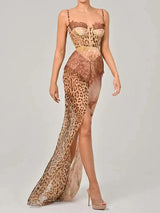 Blifanbo Sexy Leopard Print Lace Split Maxi Dress Women Gown Elegant Sleeveless Patchwork Chiffon Backless Beach Evening Dress