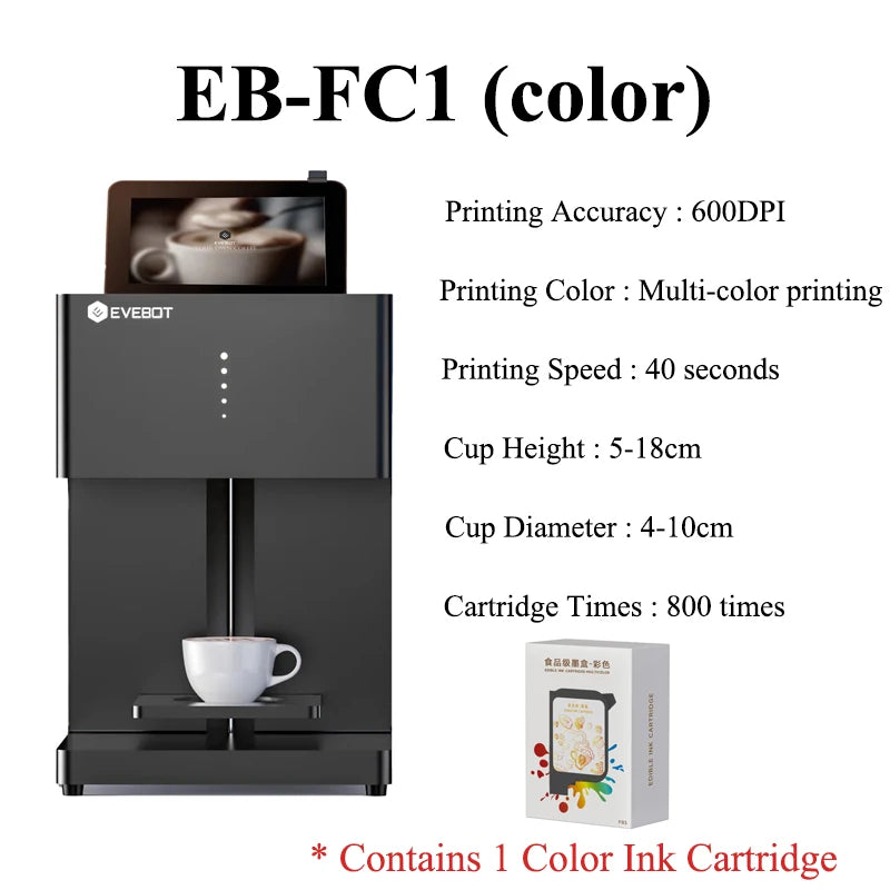 Evebot Multicolor Coffee Drink Printer Color Printer Suitable for Printing Pictures 600dpi 7-inch Touch Screen