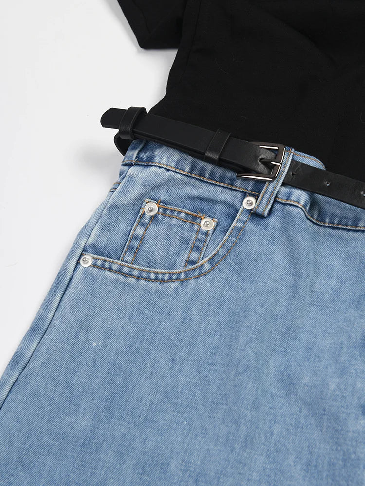 [EAM] High Waist Blue Color-block Denim Long Wide Leg Jeans New Loose Women Trousers Fashion Tide Spring Autumn 2026 17A2013H01