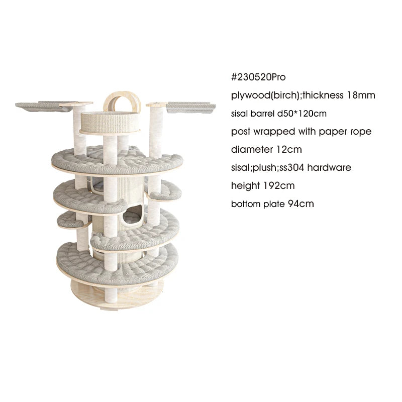 1.7m Extra Large Multi-Level Luxury Wooden Cat Tower E0 Plywood Cat Condo with Paper Rope Scratching Post for Multiple Cats