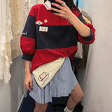 navy red striped Embroidered T-shirt women turn down collar half sleeve casual autumn Tshirt female new