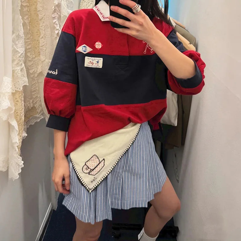 navy red striped Embroidered T-shirt women turn down collar half sleeve casual autumn Tshirt female new