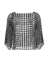 TWOTWINSTYLE Hollow Out Patchwork Pearls T Shirts For Women Round Neck Long Sleeve Sexy Slimming Pullover T Shirt Female Style
