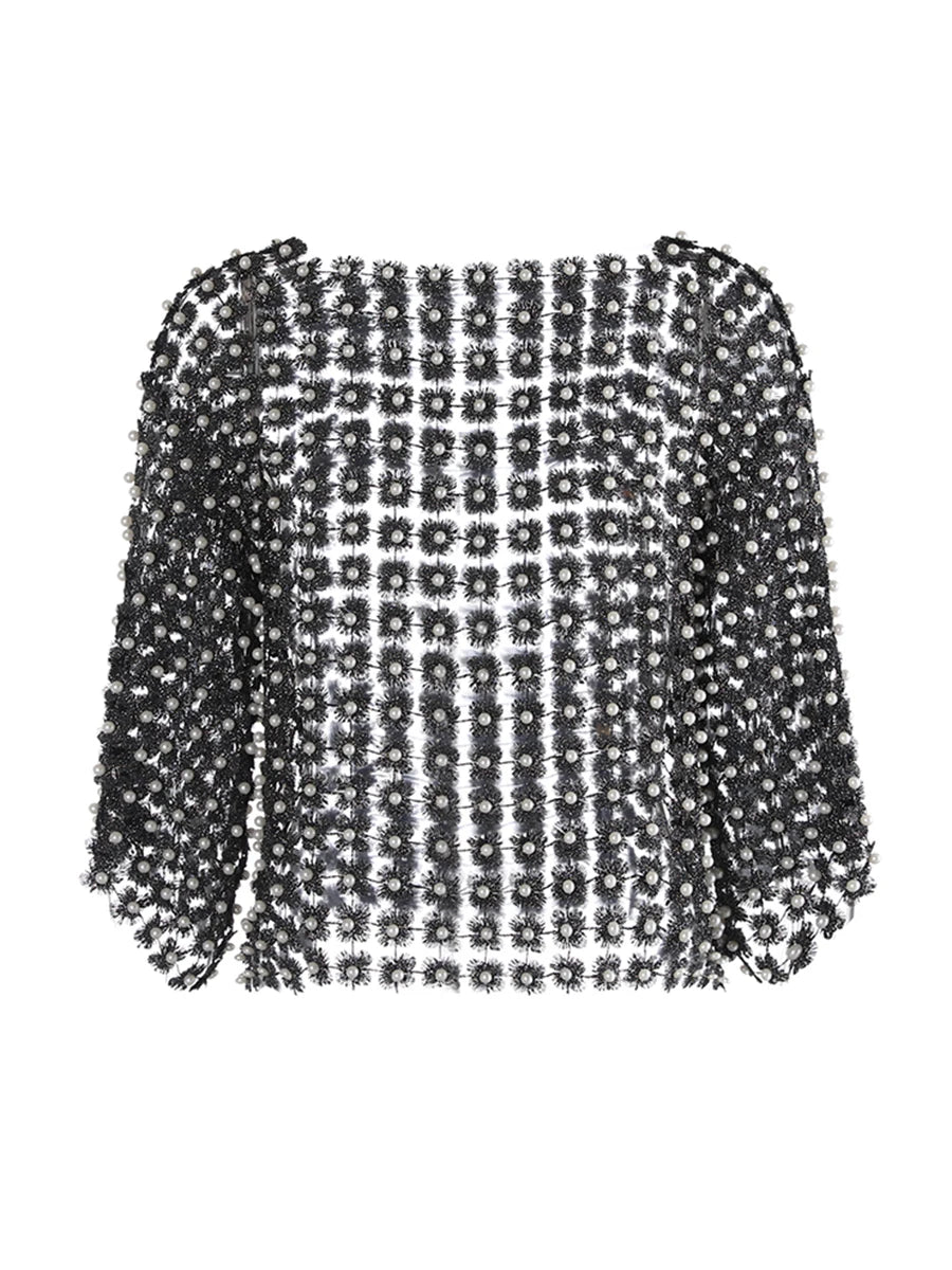 TWOTWINSTYLE Hollow Out Patchwork Pearls T Shirts For Women Round Neck Long Sleeve Sexy Slimming Pullover T Shirt Female Style