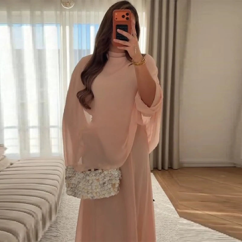 Women's Fashion Pink High Neck Cape Dress Elegant Loose Long Sleeve Flowy Maxi Dress 2026 Spring NEW Lady Evening Party Outfit