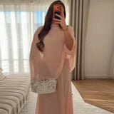 Women's Fashion Pink High Neck Cape Dress Elegant Loose Long Sleeve Flowy Maxi Dress 2026 Spring NEW Lady Evening Party Outfit