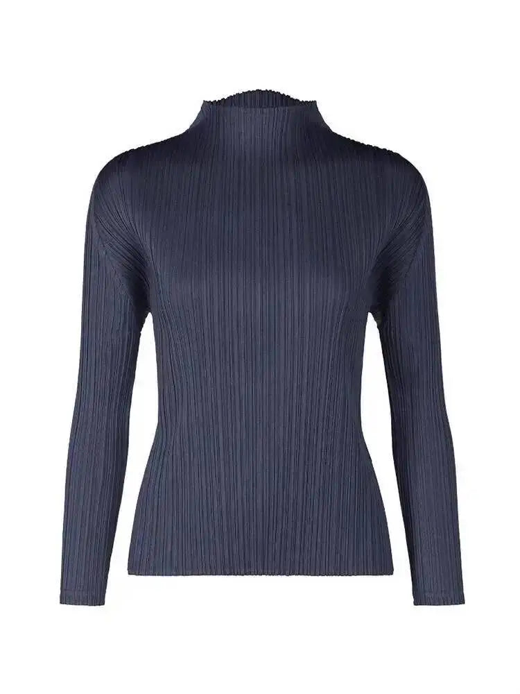 LANMREM 2025 New Long Sleeved Women's Pleated T-shirt Base Solid Color Stand Collar Slim Fit Long Pullover Tops Chic 2DB2996