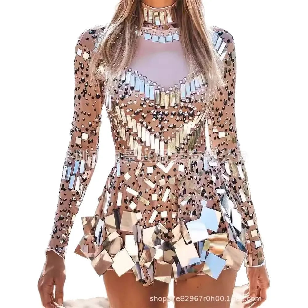 Fashion Stretch Sequins Mirror Dress Women Bodysuit Dancewear Long Sleeve Drag Queen Costume Rave Festival Night Out BodySuits