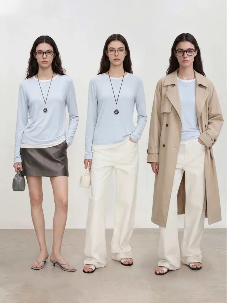 Women Fake Two-Piece T-shirt Spring Summer 6%Silk Round Neck Long Sleeve Basic T-Shirts Tops
