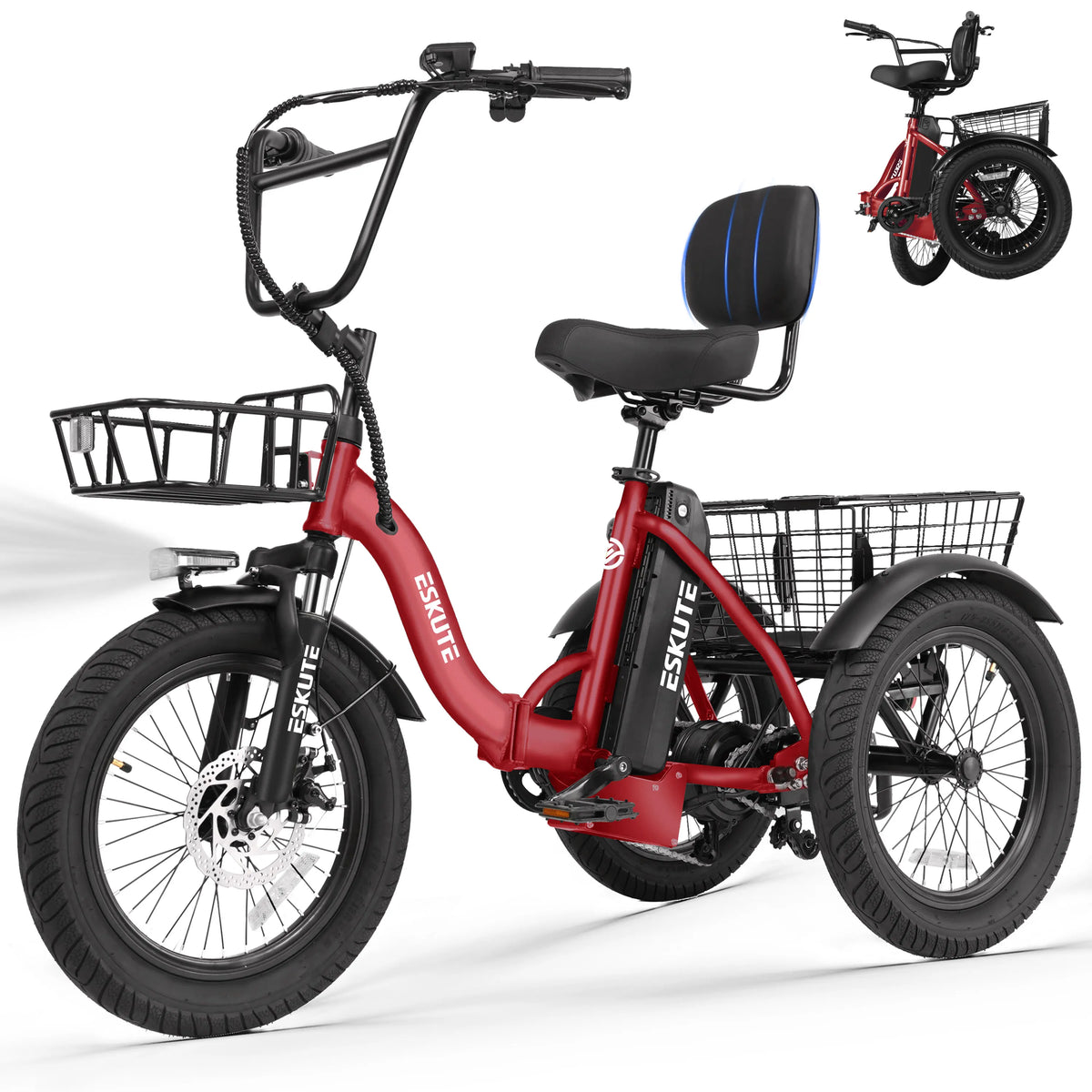 ESKUTE T300 Electric Bicycle Trike for Adults, 624Wh Battery, 1200W Motor eBIKE, 18"x3.0" Fat Tires, Foldable 3-Wheel E-Bike