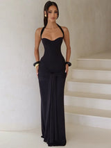 Sexy Back Lace Up Halter Neck Long Dress Women Backless Ruched Waist Draped Bodycon Dresses Party Evening Cocktail Vestidos