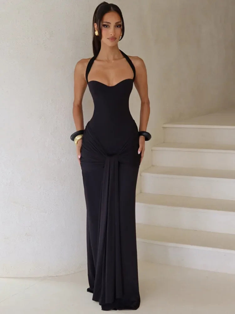Sexy Back Lace Up Halter Neck Long Dress Women Backless Ruched Waist Draped Bodycon Dresses Party Evening Cocktail Vestidos