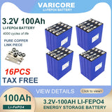 16pcs 3.2v 102Ah 105Ah 100ah Lifepo4 Grade A Battery Lithium Iron Phosphate for 12v Campers Golf Cart Off-Road Solar Wind Yacht