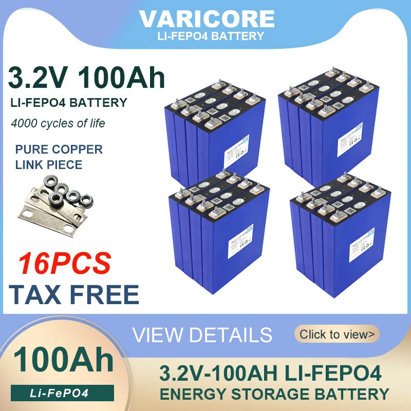 16pcs 3.2v 102Ah 105Ah 100ah Lifepo4 Grade A Battery Lithium Iron Phosphate for 12v Campers Golf Cart Off-Road Solar Wind Yacht