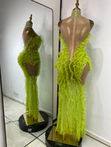 Women Luxury Green Prom Gowns Sleeveless Turtleneck Rhinestones Mesh Ruffles Transparent Maxi Long Evening Party Stage Costumes