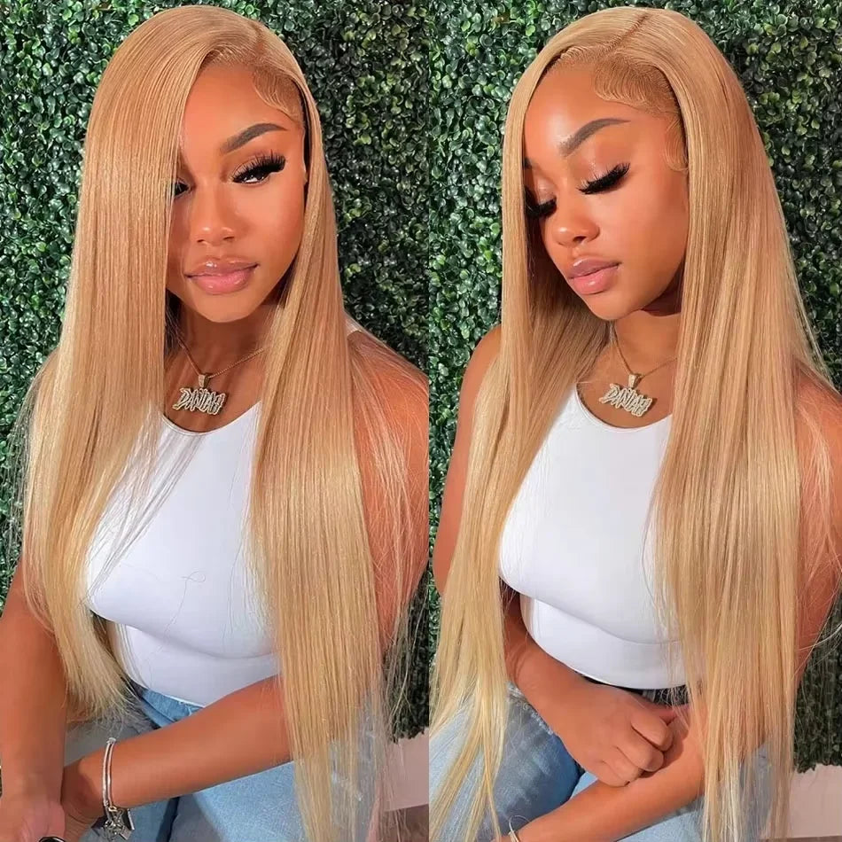Bone Straight Honey Blonde Human Hair Wigs #27 13x6 HD Transparent Lace Front Wigs For Women Pre Plucked 200% Density 30 Inch